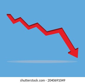 Roter 3D-Pfeil führt auf blauem Hintergrund die Stocksymbol herunter. Bankruptcy, Finanzmarkt Crash Symbol für Ihre Website Design, Logo, App, UI. Diagramm nach unten Symbol.Diagramm nach unten Zeichen.