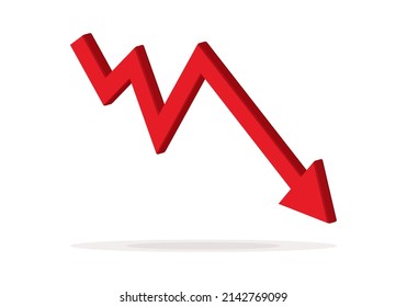 Red 3d arrow going down stock icon on white background. Bankruptcy, financial market crash icon for your web site design, logo, app, UI. graph chart downtrend symbol.chart going down sign.