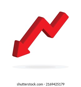 Red 3d arrow going down stock icon on white background. Bankruptcy, financial market crash icon for your web site design, logo, app, UI. graph chart downtrend symbol.chart going down sign.