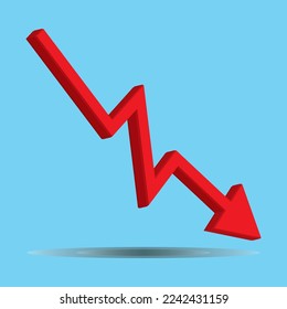 Red 3d arrow going down stock icon on blue background. Bankruptcy, financial market crash icon for your web site design, logo, app, UI. graph chart downtrend symbol.chart going down sign.