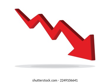 Red 3d arrow going down stock icon on white background. Bankruptcy, financial market crash icon for your web site design, logo, app, UI. graph chart downtrend symbol.chart going down sign.