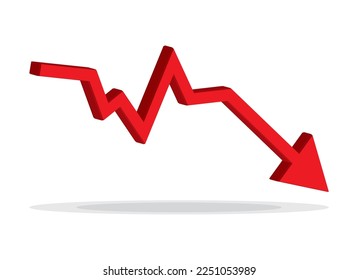 Red 3d arrow going down stock icon on white background. Bankruptcy, financial market crash icon for your web site design, logo, app, UI. graph chart downtrend symbol.chart going down sign.