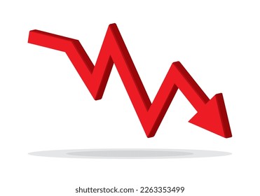 Red 3d arrow going down stock icon on white background. Bankruptcy, financial market crash icon for your web site design, logo, app, UI. graph chart downtrend symbol.chart going down sign.