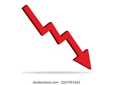 Red 3d arrow going down stock icon on white background. Bankruptcy, financial market crash icon for your web site design, logo, app, UI. graph chart downtrend symbol.chart going down sign.