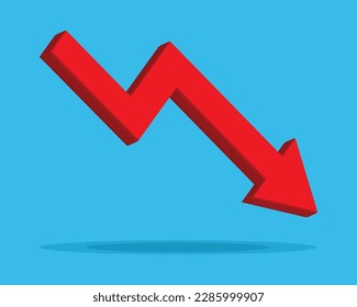 Red 3d arrow going down stock icon on blue background. Bankruptcy, financial market crash icon for your web site design, logo, app, UI. graph chart downtrend symbol.chart going down sign.