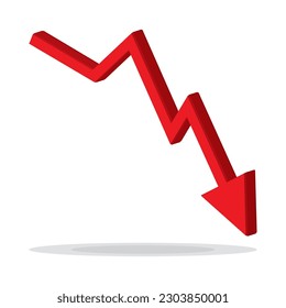 Red 3d arrow going down stock icon on white background. Bankruptcy, financial market crash icon for your web site design, logo, app, UI. graph chart downtrend symbol.chart going down sign.