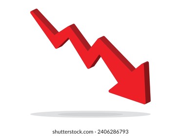 Red 3d arrow going down stock icon on white background. Bankruptcy, financial market crash icon for your web site design, logo, app, UI. graph chart downtrend symbol.chart going down sign.