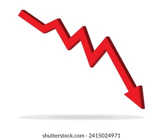 Red 3d arrow going down stock icon on white background. Bankruptcy, financial market crash icon for your web site design, logo, app, UI. graph chart downtrend symbol.chart going down sign.