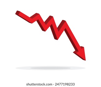 Red 3d arrow going down stock icon on white background. Bankruptcy, financial market crash icon for your web site design, logo, app, UI. graph chart downtrend symbol.chart going down sign.