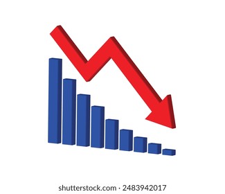 Red 3d arrow going down stock icon on white background. Bankruptcy, financial market crash icon for your web site design, logo, app, UI. graph chart downtrend symbol.chart going down sign.