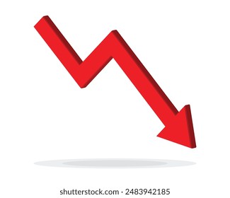 Red 3d arrow going down stock icon on white background. Bankruptcy, financial market crash icon for your web site design, logo, app, UI. graph chart downtrend symbol.chart going down sign.