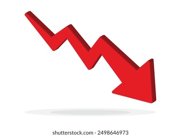 Red 3d arrow going down stock icon on white background. Bankruptcy, financial market crash icon for your web site design, logo, app, UI. graph chart downtrend symbol.chart going down sign.