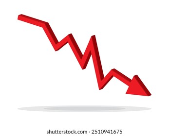 Red 3d arrow going down stock icon on white background. Bankruptcy, financial market crash icon for your web site design, logo, app, UI. graph chart downtrend symbol.chart going down sign.