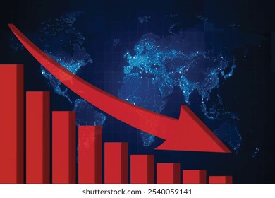 Seta 3d vermelha descendo em um mapa-múndi azul. Stock, falência, conceito de colapso do mercado financeiro para seu web design, logotipo, aplicativo, gráfico IU símbolo de tendência para baixo. Sinal de descida do gráfico. Crise global.