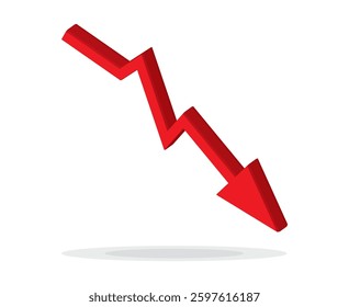 Red 3d arrow going down stock icon on white background. Bankruptcy, financial market crash icon for your web site design, logo, app, UI. graph chart downtrend symbol.chart going down sign.