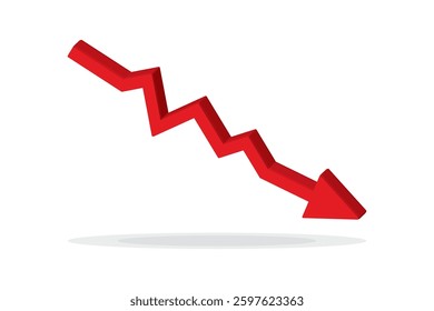 Red 3d arrow going down stock icon on white background. Bankruptcy, financial market crash icon for your web site design, logo, app, UI. graph chart downtrend symbol.chart going down sign.