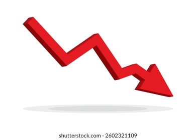 Red 3d arrow going down stock icon on white background. Bankruptcy, financial market crash icon for your web site design, logo, app, UI. graph chart downtrend symbol.chart going down sign.