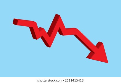 Red 3d arrow going down stock icon on blue background. Bankruptcy, financial market crash icon for your web site design, logo, app, UI. graph chart downtrend symbol. Chart going down sign.