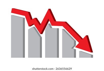 Red 3d arrow going down stock icon on white background. Bankruptcy, financial market crash icon for your web site design, logo, app, UI. graph chart downtrend symbol.chart going down sign.