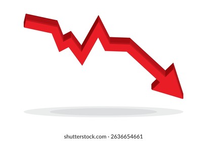 Red 3d arrow going down stock icon on white background. Bankruptcy, financial market crash icon for your web site design, logo, app, UI. graph chart downtrend symbol.chart going down sign.
