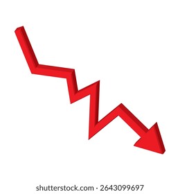 Red 3d arrow going down stock icon on white background. Bankruptcy, financial market crash icon for your web site design, logo, app, UI. graph chart downtrend symbol.chart going down sign.