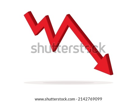 Red 3d arrow going down stock icon on white background. Bankruptcy, financial market crash icon for your web site design, logo, app, UI. graph chart downtrend symbol.chart going down sign. 商業照片 © 