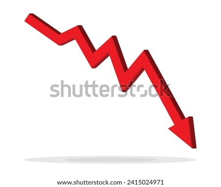 Red 3d arrow going down stock icon on white background. Bankruptcy, financial market crash icon for your web site design, logo, app, UI. graph chart downtrend symbol.chart going down sign.