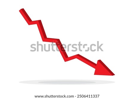 Red 3d arrow going down stock icon on white background. Bankruptcy, financial market crash icon for your web site design, logo, app, UI. graph chart downtrend symbol.chart going down sign.