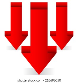 Red 3d arrows down, downward arrows