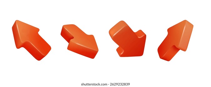 Flechas rojas 3d apuntando en diferentes direcciones. Conjunto de cursores de flecha realistas de Vector aislados.