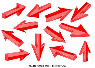 Red 3d arrows. Set of shiny straight signs. Vector illustration isolated on white background