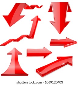 Red 3d arrows. Shiny financial graph icons. Vector illustration isolated on white background