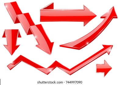 Red 3d arrows. Shiny web icons. Vector illustration isolated on white background