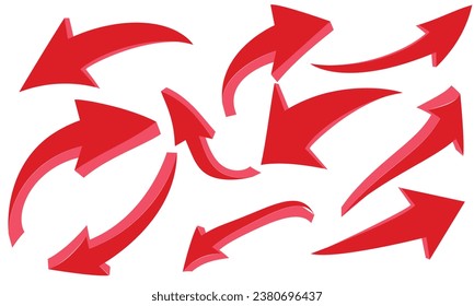 Red 3d arrows of various shapes set. Realistic arrow twisted in various directions. Infographic object a pointer sign.Vector illustration. svg