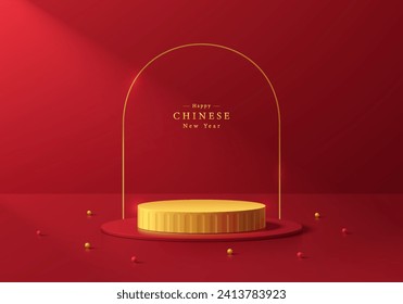 Red 3D background realistic golden cylinder stand product podium with golden arch frame backdrop. Chinese new year minimal scene mockup product display. Abstract geometric platform. Stage showcase.