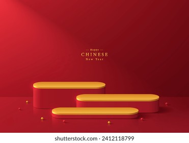 Red 3D background with realistic steps round stand product podium set in red and golden color. Chinese new year minimal wall scene mockup product display. Abstract geometric platform. Stage showcase.