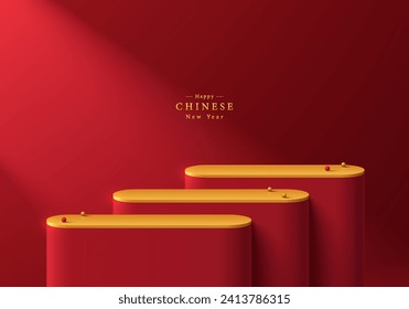 Fondo rojo 3D con escalones realistas alrededor del podio del producto de base fijado en color rojo y dorado. Pantalla de producto de simulación de la escena de la pared del año nuevo mínimo chino. Plataforma geométrica abstracta. Muestra de escenario.