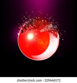 Red 3D ball with flares exploded into messy pieces