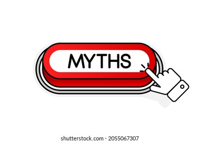 Red 3D button with the inscription Myth, isolated on a white background. Mouse cursor. Linear design. Vector illustration.