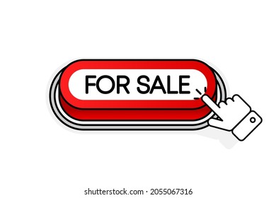 Red 3D button with the inscription For Sale, isolated on a white background. Mouse cursor. Linear design. Vector illustration.
