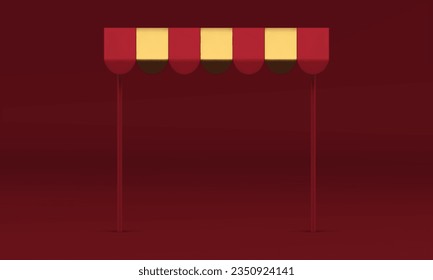 Tienda de toldo rayado de 3d roja para presentación de productos de moda estudio de fondo ilustración vectorial realista. Presentación publicitaria de la sala de exposición de la sombrilla de la promoción de renderización a la moda a la venta con descuento