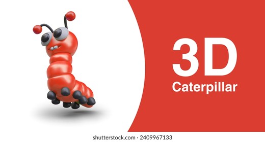 Red 3D caterpillar, bottom view. Funny character with bulging eyes. Detailed larva with antennae and teeth. Garden pest, plant eater. Poisonous red caterpillar