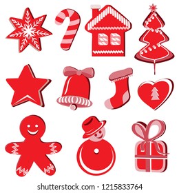 Red 3D Christmas Icons in Home Made Cookies Design Isolated on White Background. Seasonal Web Design Element