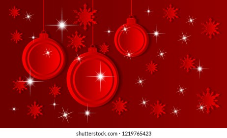 Red 3D Christmas vector illustration with snowflakes, stars and ornaments.
