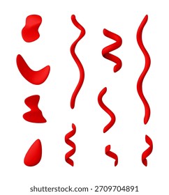Conjunto de cintas de confeti 3d rojo. Colección de varias Formas rizadas, onduladas y espirales ilustración. Elemento gráfico para decoración, celebración y diseño de fiestas. Ilustración vectorial