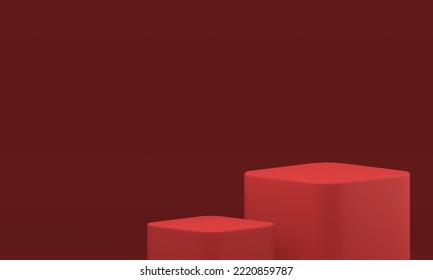 Red 3d cube stage level podium fashion retail presentation minimalist design realistic vector illustration. Squared pedestal steps platform minimalist basic foundation advertising arena construction