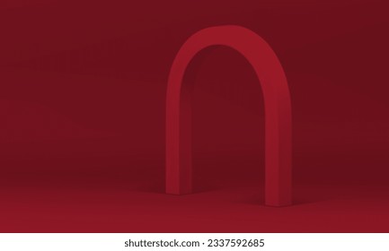 Roter 3D gebogener, isometrischer moderner Ständer für Warenpräsentation, Vektorgrafik. Realistisch-trendiger, geometrischer Glossar-Form minimalistischer Showcase für Werbe-Studio-Hintergrund
