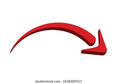 Red 3d curved arrow pointing right and upward on white background for direction or infographic design