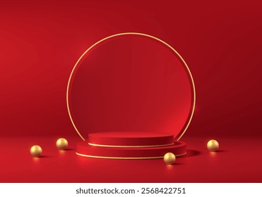 Red 3D cylindrical podium background with round backdrop and golden ball. Studio wall scene. Minimalist mockup pedestal. Abstract luxury product display presentation, Stage showcase. Vector 3D design.