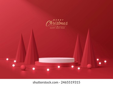 Red 3D cylindrical podium christmas background with neon ball and christmas tree wall scene. Minimal mockup or abstract product display presentation, Stage showcase. Platforms vector geometric design.